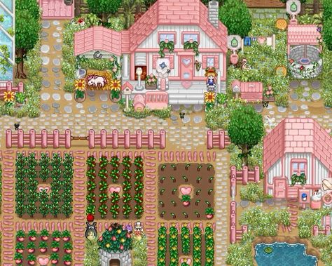 Stardew Sunday!🌲🌱 The 1.6 update has made me bring this back!! Each Sunday I will share a post of my favourite farm design that I’ve come across in the week!🤎 For this week, I’ve chosen this wonderful pink farm! I’ve never used any pink mods in my own game & I just find it so cute!! I may have to try it myself👀 I found this on Pinterest, uploaded by simplelullaby_🤍 I believe their account on here is @simplelullaby_ 💗✨ They also have a list of their Stardew mods in their bio link & have a s... Stardew Modded, Minecraft Stardew Valley, Stardew Farm Layout, Stardew Valley Farm Ideas, Stardew Valley Farm Layout, Stardew Ideas, Stardew Mods, Stardew Farm, Stardew Valley Farm