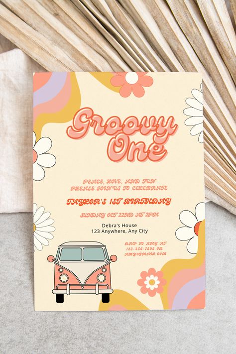 EDITABLE Groovy One 1st Birthday Party Invite Retro Birthday Flower Hippie Party Vibe 70s Party Editable Custom Digital Instant Download Groovy One, Party Vibe, Hippie Party, 70s Party, Birthday Flower, Retro Birthday, Birthday Party Invite, One Peace, 1st Birthday Party