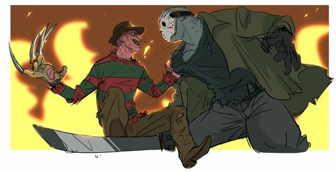 Freddy vs Jason, Freddy Krueger, Jason Voorhees, Horror Characters, Horror Movies Jason X Freddy, Freddy X Jason, Jason Vs Freddy, Jason Voorhees Drawing, Freddy And Jason, Jason Voorhees Art, Horror Villians, Freddy Krueger Art, Horror Movies Funny