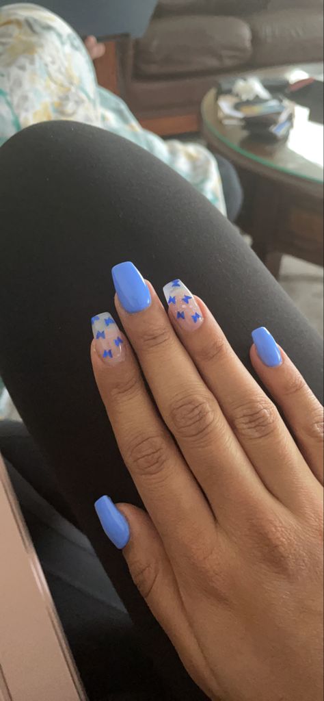 #blue #acrylicnails #summernail #summer #nails #butterfly #glittery #butterflyblue Cute Short Acrylic Nails Butterfly, Acrylic Nails For 12-14, Blue Prom Nails Acrylic Short, Cute Nails 10-11, Nail Inspiration Acrylic Simple, Nail Designs For 11 Yr, Cute Butterfly Nails Blue, Butterfly Nail Inspo Short, Glittery Blue Nails Acrylic