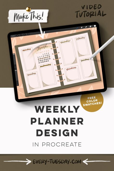 Weekly Planner Design in Procreate - Every-Tuesday Weekly Planner Design, Calendar Stamps, Digital Weekly Planner, Journal Organization, Procreate Brushes Free, Procreate Lettering, Free Calendar, Free Planner, Ipad Art