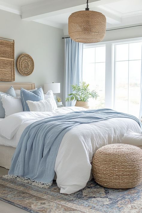 Ottoman in a boho-inspired bedroom for seating and style. Blue Bedspread Aesthetic, Pale Blue Comforter, White Light Blue Bedroom, White Bed Blue Accents, Blue Calming Bedroom, Blue And Wood Bedroom Ideas, Light Blue Basement, Light Blue And White Room, Light Blue Accent Wall Bedroom