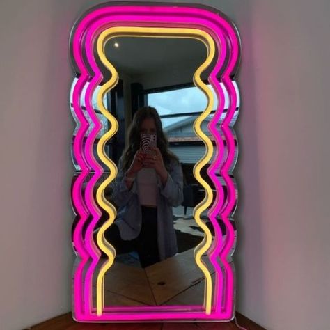 Nikkis_NeonArt on Instagram: "Confident and lovely people live happily🤗 Be brave to try different things and get to meet new friends🥰🥰 #mirror #mirrorselfie #neon…" Glowing Mirror, 80s Room Aesthetic Neon, 80s Room Aesthetic, Neon Mirror, 70s Room, Y2k Decor, 80s Room, 80s Bedroom, Wavy Mirror