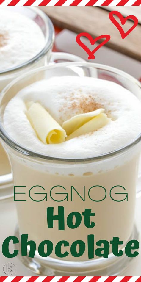 Egg Nog Hot Chocolate, Eggnog Chocolate, Homemade Egg Nog, Hot Chocolate Toppings Bar, Diy Egg Nog, Eggnog Hot Chocolate, Alton Brown Aged Eggnog Recipe, White Hot Chocolate Recipe, Hot Chocolate Toppings