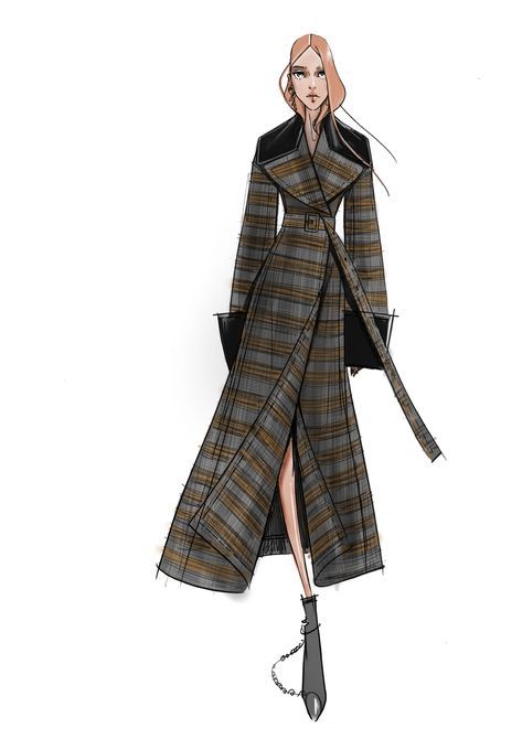 Clothing, Tartan, Pattern, Outerwear, Coat, Trench coat, Fashion, Costume design, Overcoat, Design, Coat Sketch, Trench Coat Fashion, Kimora Lee Simmons, Tanya Taylor, Music Fashion, Fashion Costume, Stretch Satin, Chic Woman, Vintage Buttons