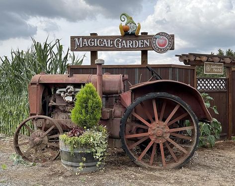 The signs we crafted for Tave’s Family Farm are now installed and ready for opening day which is tomorrow. The Magical Garden sign looks fabulous behind the antique tractor. Behind the fence are thousands of beautiful sunflowers. The two gnomes are peeking out for guests to discover. ... Old Tractor Yard Art, Tractor Yard Art, Tractor Decor, Lawn Ideas, Beautiful Sunflowers, Rustic Landscape, Tractor Attachments, Old Tractor, Signs Diy