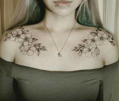 Double Shoulder Tattoo, Symetric Tattoo Collar Bone, Collar Bone Tattoo Flowers, Flower Collar Bone Tattoo, Collar Bone Tattoos, Collar Tattoo, Collarbone Tattoos, Fairy Tattoos, Girl Shoulder Tattoos