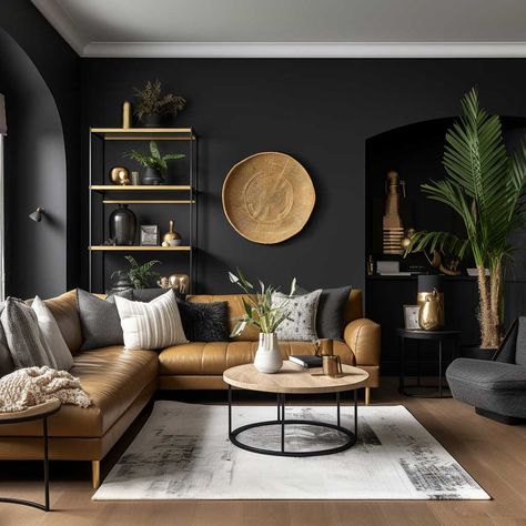 Dark And Natural Living Room, Black Leather And Wood Living Room, Industrial Floral Decor, Black And Wooden Living Room, Black And Natural Wood Living Room, Living Room With Black Accent Wall, Dark Lounge Room Ideas, Musician Living Room, Male Living Room Ideas