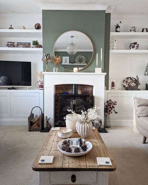 Love to Home on Instagram: "What a stunning fireplace - this colour works so well! 📸 @ourhome_insideandout" Flat Wall Fireplace Ideas, Small Cottage Living Room, Cottage Style Living Room, Lounge Room Styling, Living Room Panelling, British Homes, Victorian Renovation, Earthy Living Room, Feature Wall Living Room