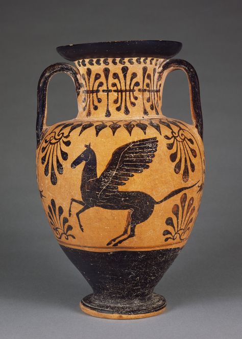 Pegasus- Back / Etruscan Black-Figure Neck Amphora; Attributed to the Lotus Bud Group; Orvieto (probably), Etruria; about 490 B.C.; Terracotta; 34.6 x 21.5 cm (13 5/8 x 8 7/16 in.); 68.AE.17 Pergamon Museum Berlin, Ancient Greece Art, Pergamon Museum, Ancient Greek Pottery, Greece Art, Ancient Greek Art, Greek Pottery, Grece Antique, Greek Vases