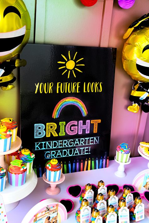 Kindergarten Graduation Poster Ideas, Kinder Graduation Theme, Bright Future Graduation Theme, Our Future Is So Bright Graduation, Kinder Graduation Party, Kindergarten Backdrop, Pre K Graduation Party, Kindergarten Graduation Party Ideas, Preschool Graduation Backdrop