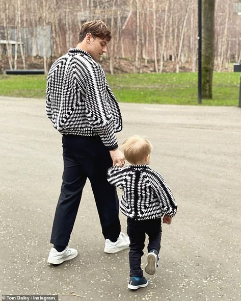 Tom Daley crochets black and white hexagon cardigans for him and his two-year-old son Robert Ray | Daily Mail Online Crochet Sweater Coat, Yarn Projects Crochet, Crochet Cardigan Tutorial, Handmade Sweaters, Crochet Men, Hippie Crochet, Tom Daley, Cardigan Design, Crochet Hexagon