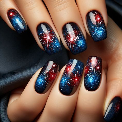 14 Patriotic 4th Of July Nails Ideas To Try This Summer – Sober Alley Fourth Of July Nails Designs Fireworks, Red White Blue Firework Nails, Black Fourth Of July Nails, Fire Works Nail Designs, Black Patriotic Nails, Fire Work Nails Design 4th Of July, Firecracker Nails 4th Of July, Forth Of July Nails Fireworks, Holiday Nails Ideas