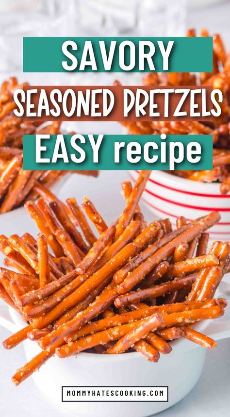 seasoned pretzels Pretzel Chips Snacks, Easy Pretzel Snacks, Diy Seasoned Pretzels, Seasoned Pretzel Sticks, Recipes Using Pretzel Sticks, Savory Pretzel Snacks, Savory Pretzel Recipe, Season Pretzel Recipe, Flavored Pretzel Recipes Snacks