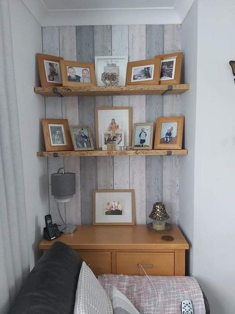 Scaffold Board Shelves, Alcove Desk, Shelves With Brackets, Alcove Shelves, Desk And Shelves, Desk With Shelves, Pine Shelves, Bench With Back, Tea Candle Holders