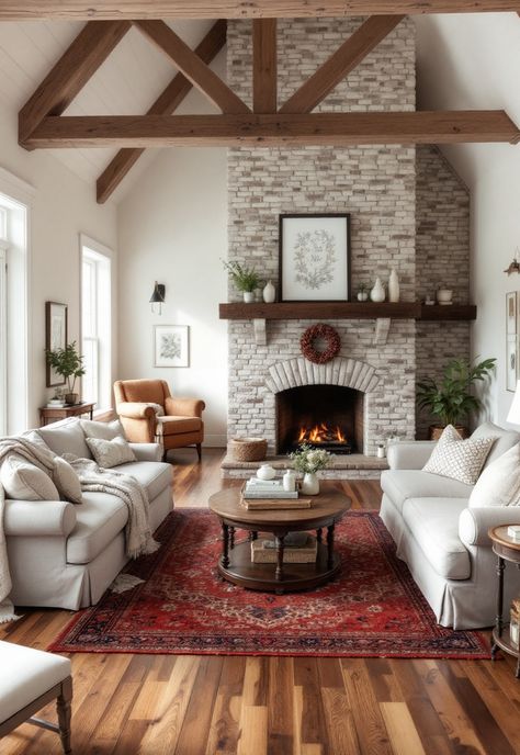 Barndominium Interior Ideas Barndominium Fireplace Ideas, Barndominium Decor, Barn Bedrooms, Barndominium Interior, Charm Ideas, Plush Furniture, Stone Fireplaces, Modern Rustic Living Room, Contemporary Barn