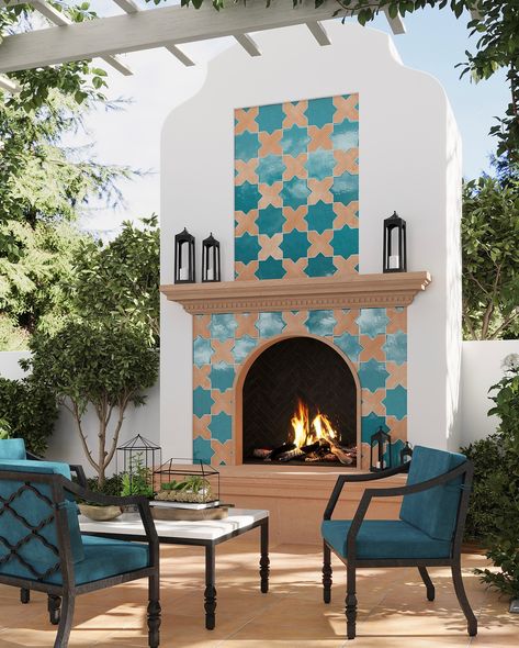 ✨ New Collection Alert! ✨ Introducing Tile Club’s Camila Porcelain Collection! 🌿 Inspired by Mediterranean charm, this collection offers endless possibilities for a one-of-a-kind design! Choose from warm terracotta tiles, matte stone-look finishes, glossy colorful pieces, and eye-catching patterned accents. 🌟 Combine them however you like to create the perfect vibe for your space—whether you’re dreaming of a cozy rustic retreat or a vibrant, bold statement! Ready to transform your home? Th... Outdoor Hacienda Patio, Outdoor Fireplace Tile Ideas, Moroccan Bar, Terracotta Patio, Southwestern House, Spanish Style Architecture, Turquoise Tile, Spanish Tiles, Mediterranean Tile