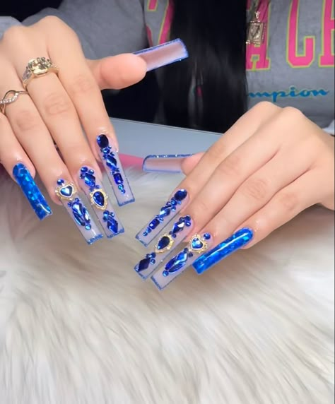 Royal Blue Extra Nails, Extra Blue Nails, Royal Blue Gem Nails, Baddie Bling Nails Blue, Blue Blinged Out Nails, Royal Blue Coffin Acrylic Nails, Rhinestone Blue Nails, Blue Bottom Nails, Long Extra Nails