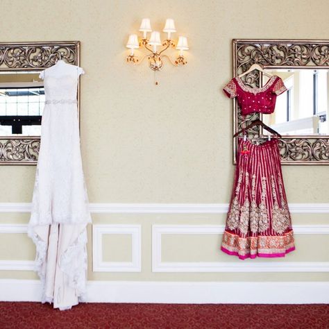 Get some fusion wedding inspiration from this wedding;  The fusion bride opted for two wedding dresses - one traditional and the other a traditional Indian lehenga American Indian Fusion Wedding, Indian American Fusion Wedding, Indian American Wedding Fusion, Fusion Wedding Dress, Fusion Wedding Indian, Aussie Wedding, Indian American Weddings, Event Hair, Indian Saris