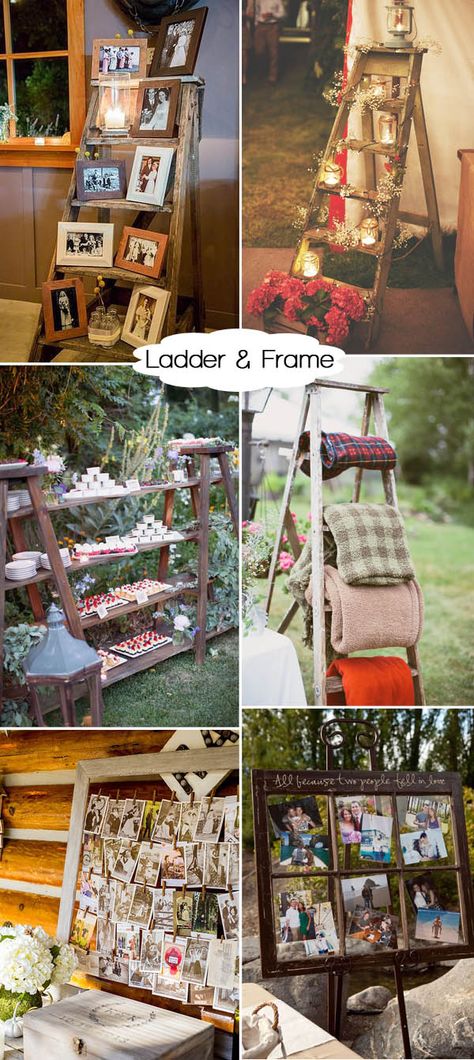 wood ladder and wooden frame wedding decoration ideas Wedding Rustic Decoration, Wood Decor Ideas, Ladder Wedding, Couples Painting, Wooden Ladders, Smores Bar, Barnyard Wedding, Wooden Things, Rustic Decoration