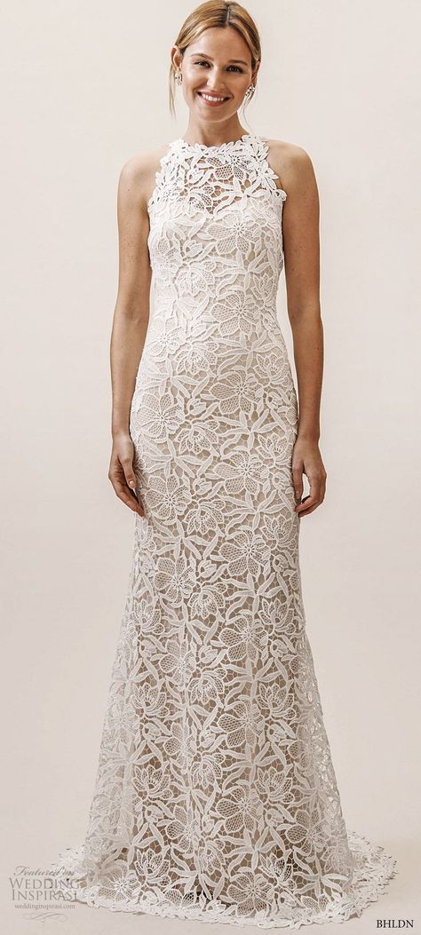 bhldn spring 2019 bridal sleeveless high halter neck fully embellished lace sheath trumpet mermaid wedding dress (15) romantic boho chic sweep train mv -- BHLDN’s Effortlessly Chic Spring 2019 Wedding Dresses | Wedding Inspirasi #wedding #weddings #bridal #weddingdress #weddingdresses #bride #fashion  ~ Wedding Dress High Neckline, High Neck Mermaid Wedding Dress, Halter Wedding Dress Lace, High Collar Wedding Dress, Sleek Wedding Dress, Bhldn Wedding Dress, Column Wedding Dress, Summer Wedding Dress Beach, Wedding Aesthetics