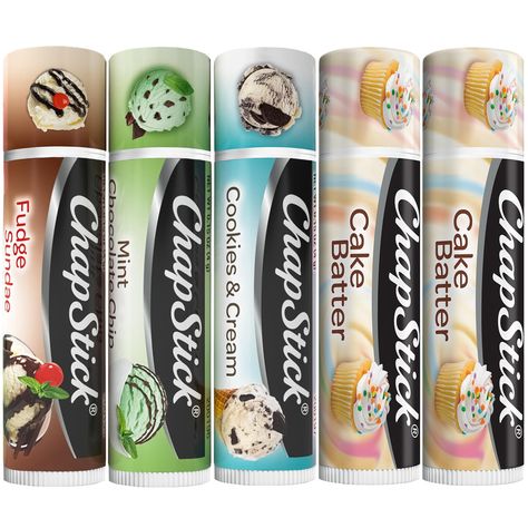 PRICES MAY VARY. CHAPSTICK FAN FAVORITES: Indulge in our convenient, fun, and yummy Ice Cream Classics (Fudge Sundae, Mint Chocolate Chip, and Cookies and Cream) plus 2 tubes of the Cake Batter ChapStick. AMERICA’S FAVORITE LIP BALM: You can’t go wrong with an all-American classic you know and love. Enjoy indulgent flavors and sweet, moisturized lips wherever life takes you with ChapStick. HEALS CHAPPED LIPS: Our time-tested, paraben-free, and cruelty-free lip balms glide on dry, cracked lips wi