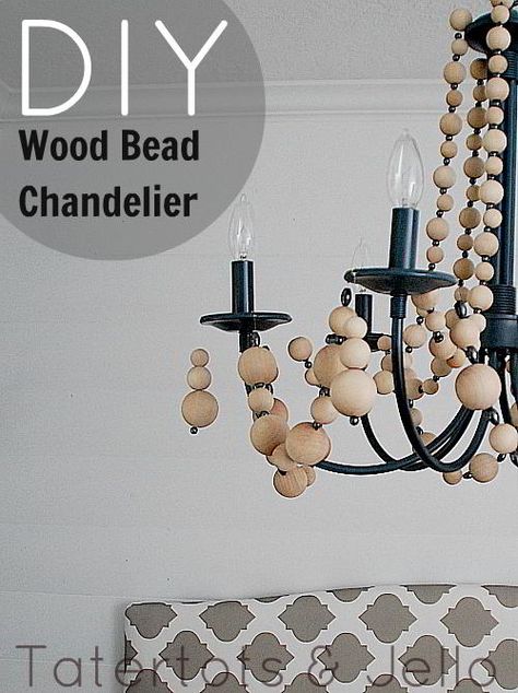 DIY Wood Bead Chandelier from TatertotsandJello.com #diy #chandelier Diy Wood Bead Chandelier, Kattokruunu Diy, Wooden Bead Chandelier, Headboard Tutorial, Chandelier Makeover, Bead Chandelier, Wood Bead Chandelier, Diy Projektit, Diy Chandelier