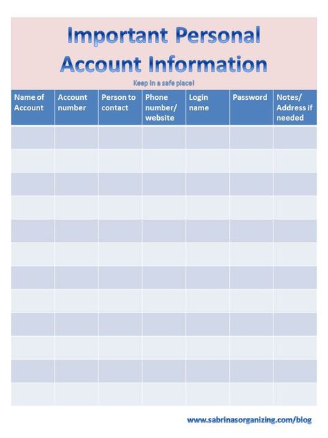 Important personal account information Spreadsheet: Print and store in a safe(fireproof) place. Organize Important Documents, Home Craft Projects, Information Template, Downsizing Tips, Fireproof Safe, Blog Organization, Weeknight Recipes, Organizing Paperwork, Home Organizing