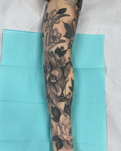 Wild Animal Sleeve Tattoo, Nature Leg Tattoo, Animal Sleeve, Empire Tattoo, Animal Sleeve Tattoo, Deer Tattoo, Woodland Flowers, Gold Tattoo, Leg Sleeve