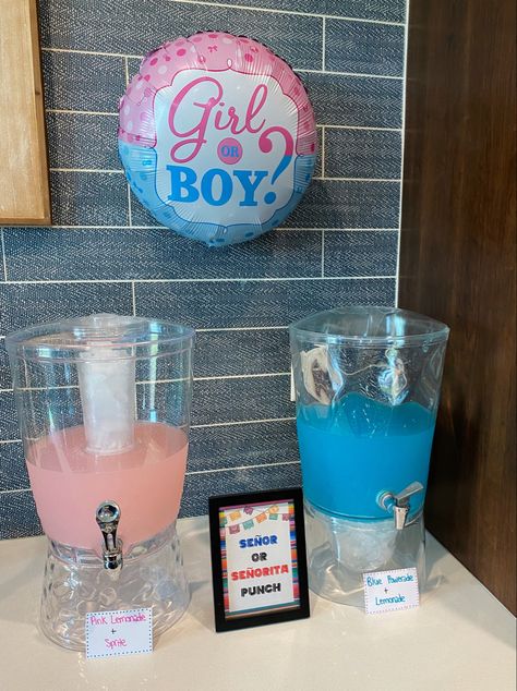 Gender Reveal Alcoholic Drink Ideas, Taco Bar Gender Reveal Party, Gender Reveal Party Inspiration, Gender Reveal Party Drinks, Gender Reveal Menu Food, Gender Reveal Cocktail Ideas, Summer Theme Gender Reveal Ideas, Drinks For Gender Reveal Party, Gender Reveal Games Ideas Activities