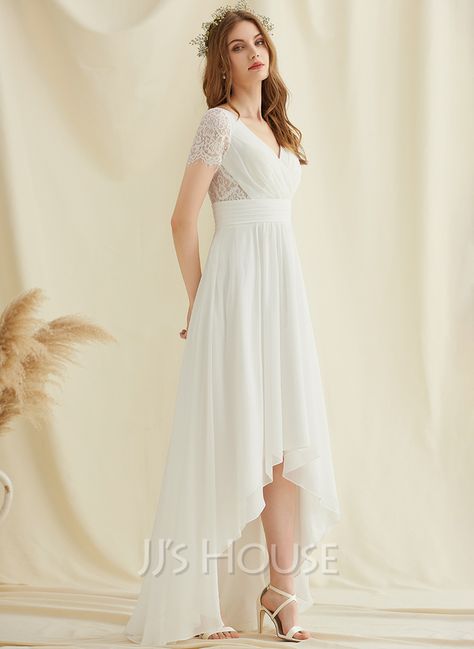 A-line V-Neck Asymmetrical Chiffon Lace Wedding Dress (002234886) Asymmetrical Wedding Dress, Dress Paris, Wedding Dress Silhouette, Chiffon Lace Dress, Buy Wedding Dress, Beach Garden, Wedding Silhouette, Ruffle Wedding Dress, Chiffon Wedding Dress