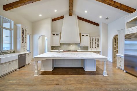 Hood Fans, Beam Ideas, Georgiana Design, Ivory Kitchen, Vaulted Ceiling Kitchen, Hardware Ideas, Island Hood, Countertop Ideas, Sink Ideas