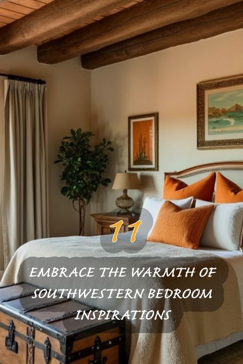 I love how this southwestern bedroom exudes warmth and comfort. The combination of earthy tones, rustic wooden beams, and vibrant orange accents creates a cozy and inviting atmosphere. The vintage trunk adds character, while the nature-inspired decor brings a touch of serenity. Explore my top 11 favorite ideas to transform your space into a southwestern oasis! Southwestern Bedroom, Hollywood Regency Bedroom, Vintage Trunk, Vintage Trunks, Bedroom Design Ideas, Southwestern Design, Nature Inspired Decor, Orange Accents, Wooden Beams