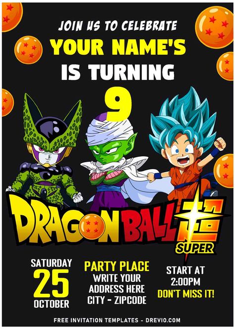 Get (Free Editable PDF) Chalkboard Dragon Ball Z Birthday Invitation Templates           If your little boy and husband are smitten with anime, then you’ve got to take a look at this party! My friend, Paula, she created an amazi... Dragon Ball Invitations Free Printable, Dragon Ball Z Birthday Invitations, Dragon Ball Z Invitations Free Printable, Dragon Ball Z Invitations, Dragon Ball Invitation, Dragon Ball Z Birthday, Goku Birthday, Goku Blue, Invitation Layout