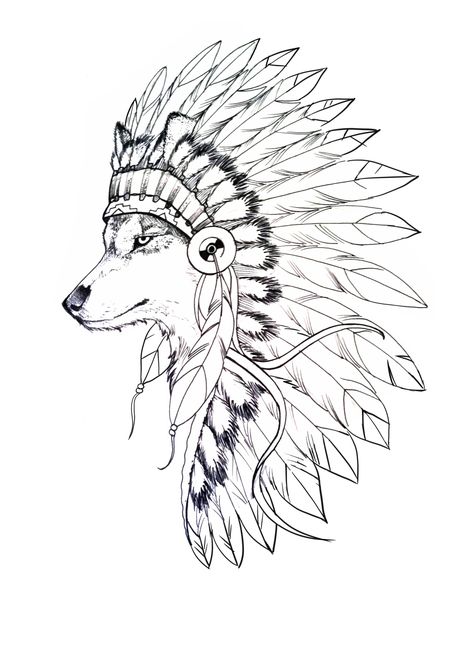 Wolf With Feathers Tattoo, Wolf Headress Tattoos, Headress Tattoos, Wolf Art Drawing, Native American Wolf Art, Wolf Headdress, Snarling Wolf, Headdress Tattoo, Indian Wolf