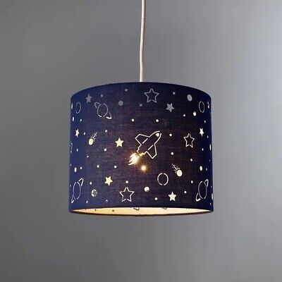 ad eBay - Decorated with a laser cut design featuring a fun space scene and complete with an inner material that glows in the dark, this light shade comes alive when lit, with light beaming through the cut out rockets, stars and planets. Product Dimensions Dia. 25cm (10") x H 20cm (9") Boys Space Bedroom, Outer Space Bedroom, Kids Bedroom Accessories, Space Themed Bedroom, Space Themed Room, Space Themed Nursery, Space Nursery, Space Room, Dark Light