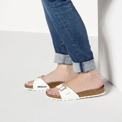 Birkenstock Madrid Birko-Flor White Patent White Sole Sandals White Birkenstock, White Birkenstocks, Birkenstock Sandals Women, Slippers White, Birkenstock Style, Calf Muscles, Birkenstock Sandals, Birkenstock Madrid, Buy Shoes Online