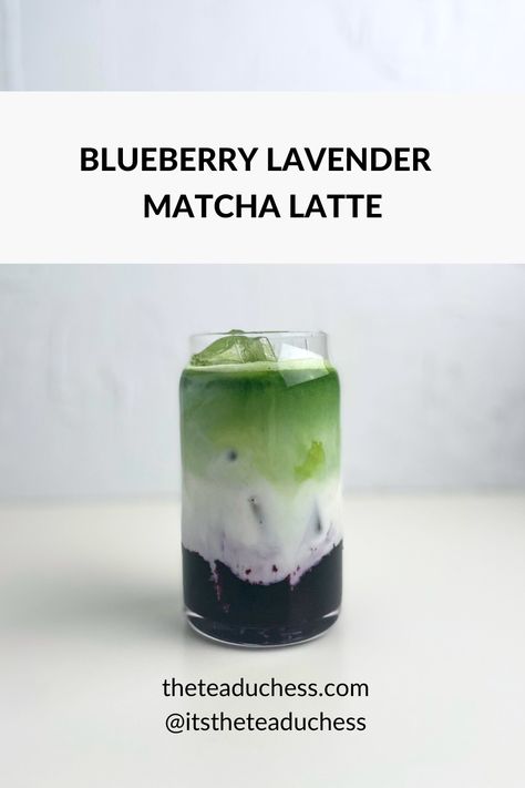 This blueberry matcha latte recipe is the perfect way to start your morning! 🍵 Combining the natural sweetness of blueberries with the bold flavor of ceremonial grade matcha and a touch of aromatic lavender. Full recipe on www.theteaduchess.com Iced Lavender Matcha Latte, Lavender Matcha Latte Recipe, Blueberry Lavender Almond Milk, Taro Milk Tea Recipe, Matcha Tea Latte Recipe, Blueberry Matcha Latte, Lavender Drinks, Lavender Matcha Latte, Blueberry Latte