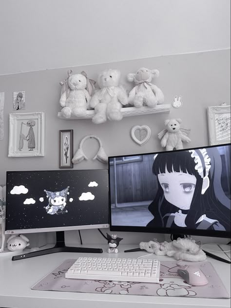 Goth Gaming Setup Aesthetic, White Pc Build Aesthetic, Sanrio Gaming Setup, Cutecore Gaming Setup, Jirai Kei Room Decor, Interior Design Bedroom Teenage, Arte Do Kawaii, Gamer Room Decor, Desk Inspiration