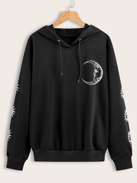 Sun & Moon Print Drawstring Hoodie | SHEIN USA Stylish Hoodies, Dropped Shoulder Sweatshirt, Moon Print, Moon And Stars, Printed Drawstring, Drawstring Hoodie, Teenage Fashion Outfits, Crop Sweatshirt, Teen Fashion Outfits