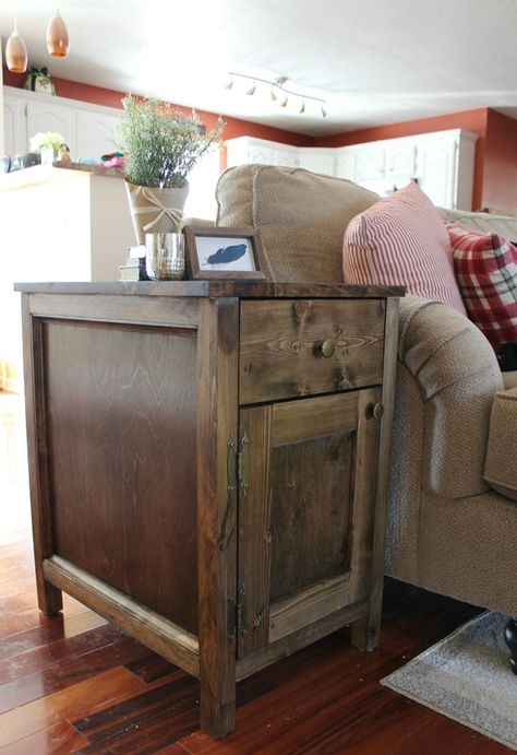 DIY Farmhouse Side Table With Storage--AKA The Diaper Cabinet Diy Living Room Storage, Unique Furniture Diy, Storage Design Ideas, Shaker Style Cabinet Doors, Shaker Cabinet Doors, Diy Cabinet, Diy Living Room, Farmhouse End Tables, Diy Side Table