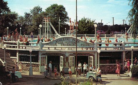 Dad taught us to swim at Anderson Athletic Park Pool (Postcard courtesy Evan Finch) Abandoned Indiana, Indiana Landmarks, Grandpa Quotes, Anderson Indiana, Architectural History, Vintage Swim, Madison County, Dressing Rooms, Iconic Buildings