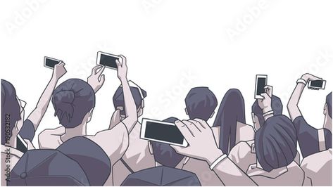 Stock Image: Stylized drawing of party crowd at concert cheering and recording Crowd At Concert, Crowd Drawing, Stylized Drawing, Anime Mouth Drawing, Party Crowd, Anime Mouths, Back Drawing, Mouth Drawing, Cartoon People