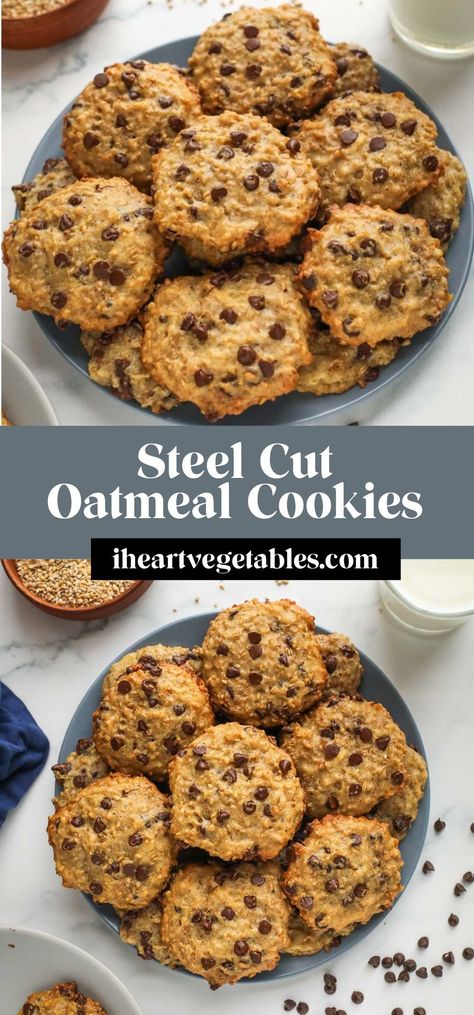 These tasty chocolate chip oatmeal cookies are made with steel cut oats for a uniquely chewy texture. Give these delicious cookies a try! Steel Cut Oatmeal Cookies, Quick Oat Recipes, Healthy Oat Cookies, Steel Cut Oatmeal Recipes, Oatmeal Cookie Recipes Healthy, Oat Chocolate Chip Cookies, Oat Cookie Recipe, Steel Cut Oats Recipe, Oatmeal Chocolate Chip Cookie Recipe