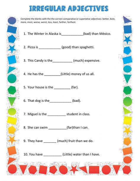 Irregular Adejctives worksheet Irregular Adjectives Worksheet, Irregular Comparatives And Superlatives, Teacher Lesson Plans Elementary, Irregular Adjectives, Middle School Syllabus, Comparative Adjectives Worksheet, Adjectives Worksheet, Antonyms Worksheet, Syllabus Template