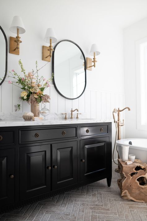 A Classically-Inspired New Build Project Reveal - The Identité Collective Black Oval Mirror, Off White Cabinets, Build Home, Black Vanity Bathroom, Best White Paint, Colonial Exterior, Black Vanity, Classic Bathroom, Oval Mirror