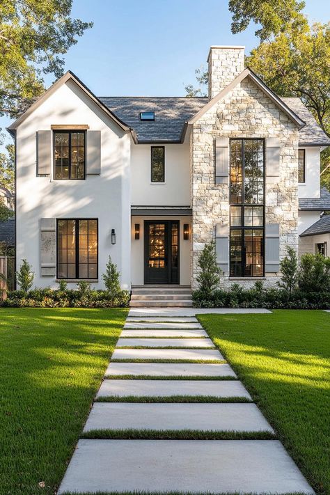 Modern cotteage facade white on the left stone mosaic on the right large white windows grey shutters on the stone mosaic side of the house front. Stay ahead of the curve and make your neighbors green with envy by uncovering the latest, eye-popping house exterior trends. Mixed Brick House Exterior, White Brick House White Windows, Houses Front View, White House With Rock Exterior, American House Facade, White Farmhouse With Stone, Stone And White Exterior, Stucco Stone Exterior, White House With Green Shutters