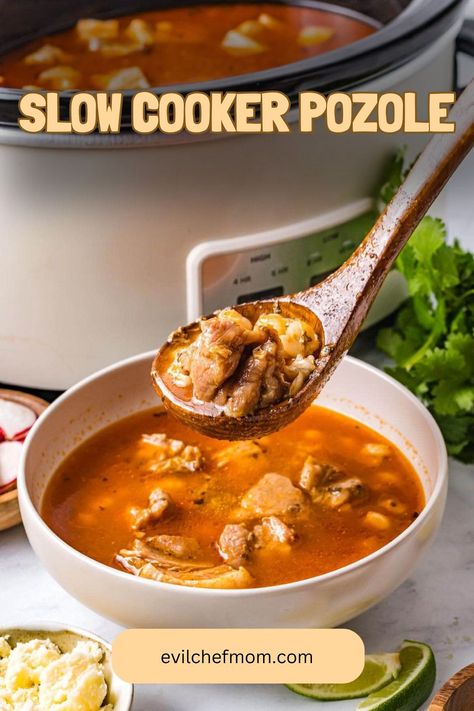 Slow Cooker Pozole Easy Crockpot Pozole Recipe, Pozole Slow Cooker Recipe, Pozole With Enchilada Sauce, Posole Crockpot Slow Cooker, Pozole In Crockpot, Crockpot Pozole Pork, Pazole Crock Pot, Pozole Recipe Crockpot, Crock Pot Pozole