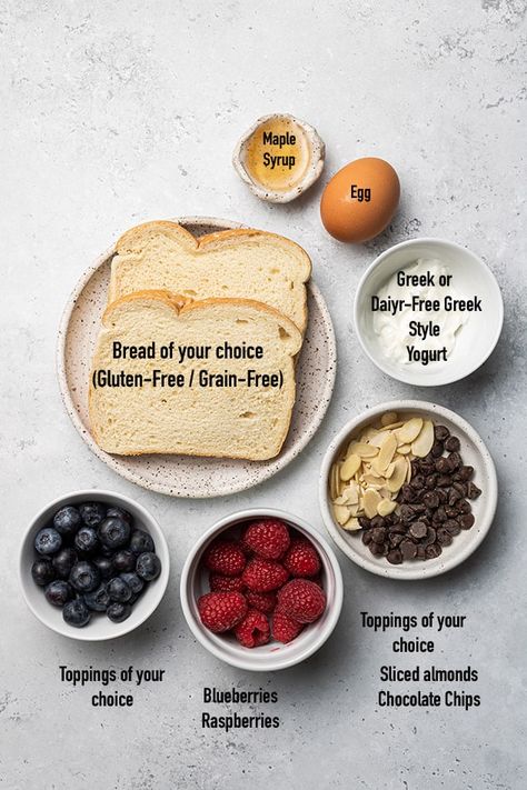 Custard Toast Recipe, Dairy Free French Toast, Custard Toast, Yogurt Toast, Gluten Free French Toast, Healthy French Toast, Yogurt Toppings, Classic French Toast, Meal Planning Menus