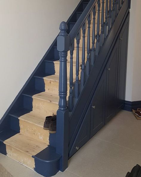 Navy Staircase Banister, Navy Blue Banister, Hague Blue Staircase, Navy Painted Stairs, Navy Blue Staircase, Navy Banister, Dark Blue Stairs, Navy Bannister, Navy Blue Stairs